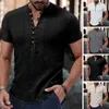 Men's Casual Shirts V-Neck Buttons Half Placket Men Shirt Short Sleeve Fine Sewing Summer Solid Color Thin Daily Garment