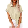 Kvinnors blusar Kvinnor Casual Solid Color Short Sleeve Linen Shirts Ladies Wid Down Collar Cotton Blus Retro Harajuku Tunic Summer Shirt