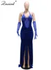 Znaiml Mesh Patchwork Ruched Diamond Special Formal Occasion Gown Dresses with Glove Women Velvet Mermaid Even Wedding Birthday 231229