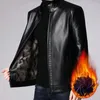 Men's Jackets Men Jacket Fall Windproof Mid-aged Faux Leather With Plush Heat Retention Stand Collar Zipper Closure