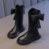 Boots Girl's Winter Long Black Pu Leather Bowtie Chunky Fashion Children pälsstart varm bowknot rund tå knähöga barnskor