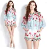 Dames Trainingspakken Drop Lente Zomer Herfst 2 stuks Sets Dames Retro Vintage Bloemenprint Kraag Top Shirt Blouse Riem Slanke Shorts Pak Outfits