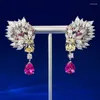 Kolczyki Dangle Luksusowe ruby ​​diamentowe kolczyki Real 925 Sterling Srebrna kropla ślubna dla kobiet Bridal zaręczynowy Prezent biżuterii