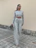 Frauen Zweiteilige Hosen Mode Quaste Pailletten Frauen 2 Set Frühling Silber Helle Seide Oansatz Crop Tops Breite Bein weibliche Anzug Street Lady Sets