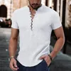 Men's Casual Shirts V-Neck Buttons Half Placket Men Shirt Short Sleeve Fine Sewing Summer Solid Color Thin Daily Garment