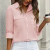 Blouses Femmes Femmes Chemises 2024 Printemps Double Poches À Manches Longues Couleur Unie Chemisier Hauts Vintage Décontracté Col Rabattu Chemise Boutonnée