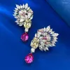 Kolczyki Dangle Luksusowe ruby ​​diamentowe kolczyki Real 925 Sterling Srebrna kropla ślubna dla kobiet Bridal zaręczynowy Prezent biżuterii