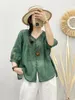 Women's Blouses Vintage Ramie Blouse Three Quaters Sleeves V-neck Single Breast Loose Thin Summer Design