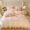 Bedding Sets Pink Romantic French Rose Lace Ruffles Patchwork Flowers Embroidery Set Velvet Fleece Duvet Cover Bed Sheet Pillowcases
