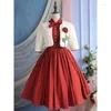 Casual Dresses Vintage French Chic Dress for Women Sweet Red Rose Slim midje ärmlös Bow Princess Evening Party Prom Medieval