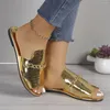 Chinelos Flat Golden Shoes Mulheres Round Toe Slides Mulheres Preto Verão Bottom Beach Flip Flops Casual