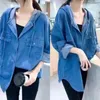 Kvinnorjackor 2024 Spring Autumn Fashion Women Långärmad Loose Casual Cotton Denim Single-Breasted Vintage Blue Hooded Coat P136