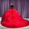 Kırmızı balo kapalı omuz quinceanera elbiseler boncuklu aplike dantel tatlı 16 elbise bağcısı vestidos de 15 anos