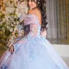 Sky Blue Princess Quinceanera Dresses Gillter Applique Lace Beads Tull Off Shoulder Long Sleeved Corset Lace-up Prom vestifos de xv 15 anos