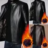 Men's Jackets Men Jacket Fall Windproof Mid-aged Faux Leather With Plush Heat Retention Stand Collar Zipper Closure