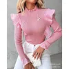 Kvinnors T-skjortor Eleganta kvinnor Ribbed Ruffle Shirt Top Autumn Winter Long Sleeve O Neck Corset Slim Fit Stretch T-shirt Y2K Chic Cloth Cloth