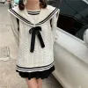 QWEEK Navy Sailor Collar Sweater Kawaii Long Sleeve Jumpers Korean Style 2021 Casual Vintage Knitwear Lazy Oaf College