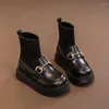 Boots Autumn Winter Girls Barn Socks Fashion Black Leather Princess Shoes Plush Children's Ankel Casual Loafer