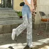 Calças femininas para mulher e capris perna reta com strass jeans transparentes rendas grunge primavera calça vintage