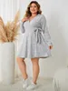 Robes de grande taille tricoté rayé femmes manches longues col en V solide Robe taille ceinture automne brin Robe décontracté surdimensionné femme tissu