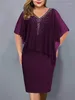 Plus Size Dresses Summer Fashion Chiffon Diamond Dress Women's Solid V-Neck Short Sleeve Pencil Elegant Commuter Fit