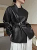 Veste en cuir PU avec ceinture pour femme, manteau mi-long noir, vêtement d'extérieur pour motard, décoration de rue, printemps-automne, 2024