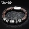 REAMOR Trendy Men Pulseira de couro preto 316l Aço inoxidável Viking Bead Pulseiras com fecho magnético forte 17-21cm 210918309U