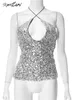 Women's Tanks Kontturi Fall Sequined Silver Night Club Outfits Tops For Women 2024 Halter Sleeveless Bodycon T Shirts Party Backless Tank