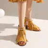 Sandals Frosted Material Back Zip Roman Style Fringed Women's Summer Ankle Weave Pattern Wood Grain Chunky Heel Peep Toe