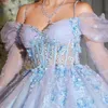 Sky Blue Princess Quinceanera klänningar Gillter Applique spetspärlor tull av axeln långärmad korsett snörning prom vestifos de xv 15 anos