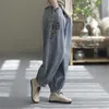女子ジーンズ刺繍春秋レトロアートカジュアルルーズハイウエストポケットがスプレッチされたナインポイント洗浄された広い脚デニムパンツ