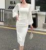 Vestidos casuais lanterna francesa bolha manga longa colarinho quadrado branco y2k vestido plissado cintura saco hip mid saia