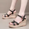 Sandals Comfortable Bling Split Leather Shoes Women's Platform Wedges Summer 2024 High Heels For Office Beach Mom