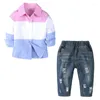 Clothing Sets 2Piece Fall Children Clothes Boys Casual Fashion Stripe Cotton Long Sleeve Baby Tops Hole Jeans Luxury Kids Set BC816