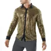 Men's Casual Shirts 2024 Fashion Mens Sparkly Sequins Party Dance Retro 70s Disco Nightclub Shirt Tops Single Breasted Performance Clothing