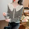 Women's Knits 2024 Spring Ladies Striped Lace Collar Knitted Cardigan Long-sleeved Single-breasted Commuter Short Bottoming Shirt