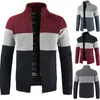 Suéter Masculino Masculino Suéter de Inverno Gola Mandarim Cor Patchwork Cardigan Jaqueta