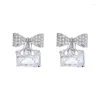 Brincos de luxo bowknot para mulheres cor prata retângulo branco zircão casamento pequeno orelha studs festa de noivado jóias presente