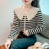 Women's Knits 2024 Spring Ladies Striped Lace Collar Knitted Cardigan Long-sleeved Single-breasted Commuter Short Bottoming Shirt