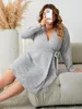 Robes de grande taille tricoté rayé femmes manches longues col en V solide Robe taille ceinture automne brin Robe décontracté surdimensionné femme tissu