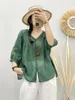 Women's Blouses Vintage Ramie Blouse Three Quaters Sleeves V-neck Single Breast Loose Thin Summer Design