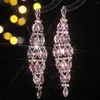 Boucles d'oreilles pendantes en strass pour femmes et filles scintillantes, Long lustre avec pompon léger