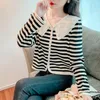 Women's Knits 2024 Spring Ladies Striped Lace Collar Knitted Cardigan Long-sleeved Single-breasted Commuter Short Bottoming Shirt