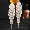 Dangle Earrings Shiny Baguette Cut CZ Accent Long Tassel For Prom Ball Party