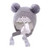 Bérets enfants bébé bonnet tricoté chapeau double oreilles épaissir thermique chaud peluche doublé crâne avec mentonnière