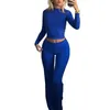 Pantalon de deux pièces pour femmes Femmes Top Costume 2 pièces Col rond Ensemble avec taille haute Conception levée à manches longues Solide pour dame