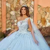 Bleu ciel brillant Quinceanera robes robe de bal appliques dentelle perles avec Cape bal fête douce 16 ans fille fête d'anniversaire robes 15 Anos