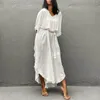 Mulheres Swimwear Sexy Bikini Cover-Ups O Pescoço Longo Branco Solto Casual Verão Praia Vestido Elegante Mulheres Moda Wear Swim Suit Cover Up