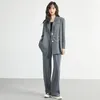 Pantalon de deux pièces pour femmes Insozkdg 2024 Femmes Bureau Gris Costume Deux Pièces Pantalon Élégant Blazer Femme Ensemble Casual Veste Lâche Vêtements De Travail