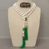 Y.ing 51 '' Odlat White Rice Pearl Green Jade Tassel CZ Pave Pendant Long Necklace 231229
